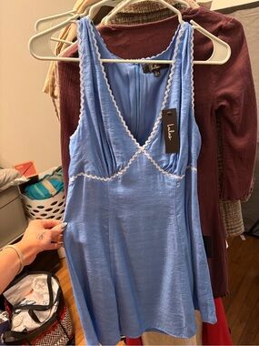 Lulu's Light Blue linen-like V-Neck Chemise with White Ric-Rac Trim